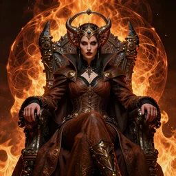 portrait evil steampunk pyromancer woman, beautiful facial features, ornamental halo, black shirt, brown body, coat, intricate robes, sitting on obsidian throne, fractal fire background, sharp focus, highly detailed, cinematic lighting, studio quality, chiaroscuro, smooth render, unreal engine 5 rendered, octane, rendered, by artgerm, greg rutkowski, alphonse mucha
