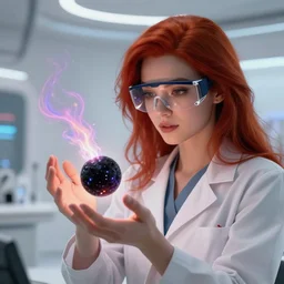 league of legends concept art beautiful young female scientist looking at small black hole in her hands, protective safety glasses, long red hair, futuristic laboratory in background, black hole with plasma jets, art by charles liu, 🍑, close up shot, white interior, fantasy style, soft lighting, vibrant color scheme, volumetric lighting, octane render, commission art, 8 k resolution