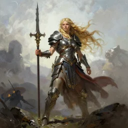 A full length portrait of a very beautiful blonde slavic berserker posing with a claymore, by Frank Frazetta, Greg Rutkowski, Boris Vallejo, epic fantasy character art, goddess of war, Exquisite detail, post-processing, low angle, masterpiece, cinematic