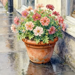 a beautifull intricate watercolor painting of potted planter with flowers inside sitting on wet sidewalk, reflexions, raindrops, high details by william turner art, greg rutkowski and alphonse mucha, trending on artstation, very very detailed, masterpiece,
