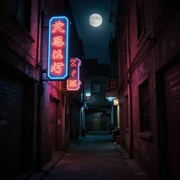 A dark alleyway with neon signs on the wall, 8k, moonlight, realistic