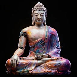 Buddha Cyborg Concept Art, black background, vibrant colors, 8k photorealistic, HD, high details, trending on artstation