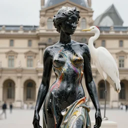 hyperdetailed masterpiece portrait of a glossy black marble statue of a woman covered in colorful metallic liquid in the style of virgil abloh and ingrid baars, offwhite, heron prestorn, denoise, vogue, paris, fashion, louvre museum, highly detailed, realistic, hyperreal, 8 k, 4 k, render
