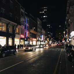 city streetscape, dark road with some cars, people at night, tall buildings with shops below at street level, neon lights above shops, headlights and stop lights illuminating surroudings