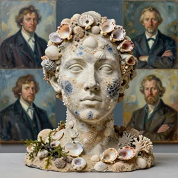 a sculpture portrait made of shells and coral and sand and seaweed, painting part by wojciech siudmak, part by ilya repin, part by max ernst, part by norman rockwell, artstation
