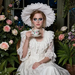 full body fashion model emma watson smokey eyes makeup eye shadow fantasy, glow, shimmer as victorian woman in a long white frilly lace dress and a large white hat having tea in a sunroom filled with flowers, roses and lush fern flowers ,intricate, night, highly detailed, dramatic lighting , high quality