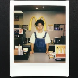 a cow working the front counter of mcdonald's ready to take your order, eighties polaroid, flash photography, photorealistic, kodachrome
