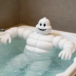 the michelin man in a hot tub