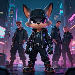 anthropomorphic coyote character wearing black cyberpunk skater clothes with neon highlights in a cyberpunk city at night. Renowned character illustration by greg rutkowski, thomas kindkade, alphonse mucha, loish, norman rockwell. Trending on artstation 4k. Highly detailed.