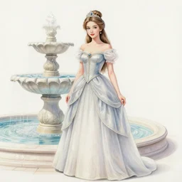 hyper realistic pencil drawing of a fantasy princess standing by a fountain, transparent water color, full portrait, detailed, rim light, diffused, intricate, by anna dittmann