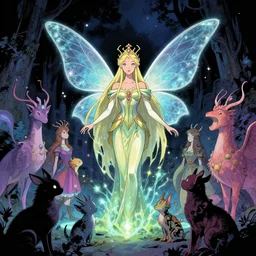 night scene of a fairy queen surrounded by magical creatures, greg rutkowski, illustration, comic book style, fantasy, science fiction