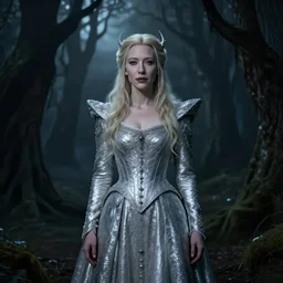 portrait of ((mischievous)), baleful young (Cate Blanchett) as Galadriel as a queen of fairies, dressed in a beautiful silver dress. The background is a dark, creepy eastern europen forrest.  night, horroristic shadows, high contrasts, lumnious,  photorealistic, dreamlike, (mist filters), theatrical, character concept art by ruan jia, (Tapiró Baró), thomas kinkade, and J.Dickenson, trending on Artstation