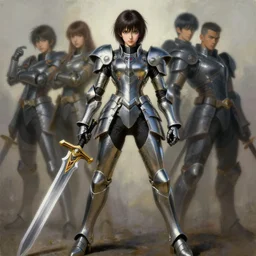 full body girl hitomi tanaka metal armor holding a gunsword dramatic poses beautifull face no blur painting by gaston bussiere, greg rutkowski, yoji shinkawa, tim hildebrandt, sharp, details, hd, 8 k