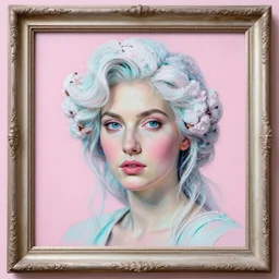 an old highly detailed portrait of a woman with sugar cotton hair painting with frames. pink, cyan