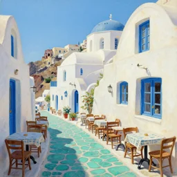 street of teal stone, sunlight and whimsical houses, cafe tables, santorini, painting by james gurney
