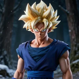 portrait focus of Super Saiyan beautiful 3D anime gir!! dark forest background, snowing, bokeh, inspired by Masami Kurumada, digital painting, high contrast, unreal engine render, volumetric lighting, high détail
