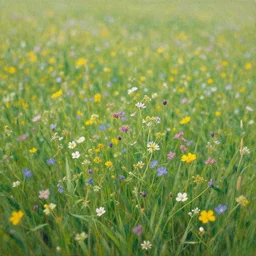 fragrant wildflowers in the meadow painting, realism, 4 k. 8 mm. grainy. panavision.