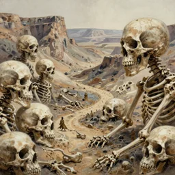 amazing concept painting of the Valley of Dry Bones, by Jessica Rossier and HR giger and Beksinski, prophecy, hallucination, the middle of a valley; it was full of bones,  bones that were very dry, there was a noise, a rattling sound, and the bones came together, bone to bone , I looked, and tendons and flesh appeared on them and skin covered them, but there was no breath in them and breath entered them, they came to life and stood up on their feet a vast army