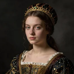 portrait of young woman in renaissance dress and renaissance headdress, art by helmut newton