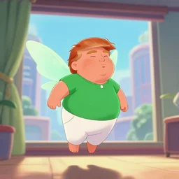 fat little ginger donald trump, wearing white pants, wearing green shirt, floating in air in a room, fairy wings, loseup, modern city through window, concept art, artstation, disney, pixar, dreamworks, anime, tyler edlin, feng zhu, jparked, thomas karpi