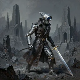 a chrome drillbot wearing a long leather trenchcoat adventures through hematite badlands, matte oil painting, science fantasy, sword and shield, sacred, shrines, trees, rpg, epic, extremely detailed, sharp focus, 4 k