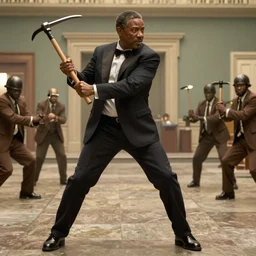 Morgan Freeman as Gordon Freeman wielding a crowbar and fighting