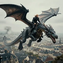a crossfitter riding a very large Dragon from Game of Thrones above city of Bordeaux, in the style of Game of Throne 8th season very matte colors, mysterious and misty and Dark