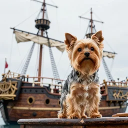 low angle photo of a yorkshire dog in a pirate ship, 8 k