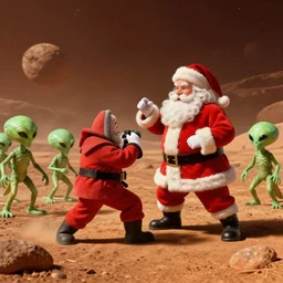 Santa Claus fighting against a group of aliens on the surface of mars, dslr photo