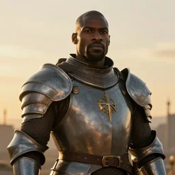 Alfric Overguard, chronomancer. An athletic dark-skinned man in knight's armor, with a wide nose, calm expression, alert eyes, large lips, and a strong jaw.  Art by William-Adolphe Bouguereau. During golden hour. Extremely detailed. Beautiful. 4K. Award winning.