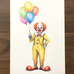 Colored pencil art on paper, Clown with balloons full body portrait, artstation, MasterPiece, Award-Winning, Caran d'Ache Luminance