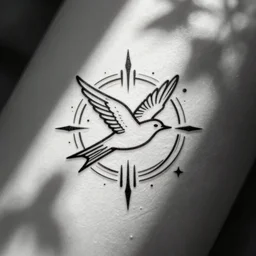 a simple tattoo design of flying birds with lines and geometric shapes, black ink, logo, line art