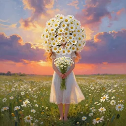face made of many daisies, girl standing barefoot in a flower field, holding flowers, surreal photography, sunrise dramatic light, impressionist painting, colorful clouds, large sky, digital painting, artstation, simon stalenhag, flower face