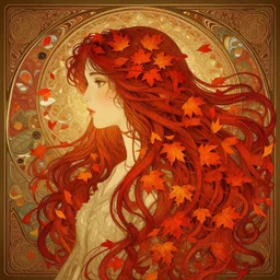 girl with super long hair, hair becoming autumn red leaves, intricate, digital painting, artstation, concept art, illustration, art by artgerm and greg rutkowski and alphonse mucha