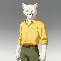 anthro albino mountain lion fursona wearing yellow button - down shirt and olive - green slacks, anime key visual, detailed clothes, detailed white fur, makoto shinkai, portrait