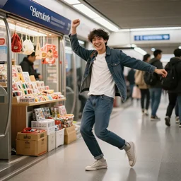 a happy guy dancing in the metro selling things, 4k