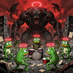 resolution 4k worlds of loss and depression made in abyss design Akihito Tsukushi design body pepe the frog group of them attacking a monster war , battlefield darkness military drummer boy pepe , desolated city Akihito Tsukushi concept the sky is filled with red halos over each of their heads ivory dream like storybooks, fractals , pepe the frogs at war, art in the style of and Oleg Vdovenko and Akihito Tsukushi ,Stefan Koidl