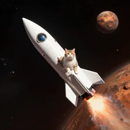 a cat on a rocket in outerspace going to mars