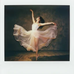 polaroid of a surreal artsy dream scene, girl, dancing, double exposure