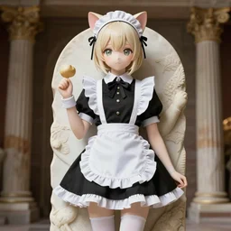 anime catgirl wearing a maid outfit, marble statue, ancient history, high quality