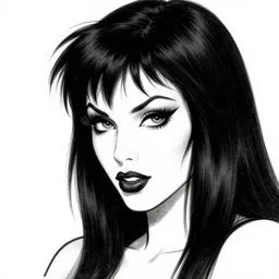 of a witch girl burlesque psychobilly punk, detailed face, black hair, white background, drawing, illustration by frank frazetta