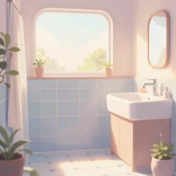 placid pastel morning cute tiled bathroom trending on pixiv