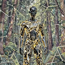 black manikin lit with geometric neon dripping gold, forest in background, moody, dramatic, confident, transcendent, vibrant color, clean linework, finely detailed, 4 k, trending on artstation, photorealistic, volumetric lighting, octane render