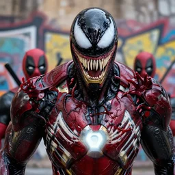 highly detailed closeup portrait of a mutated venom symbiote in iron man suite suit with deadpool host, wearing black hoodie by atey ghailan, by greg rutkowski, by greg tocchini, by james gilleard, by joe fenton, by kaethe butcher, red, black, crimson and white color scheme, background is graffiti tag wall