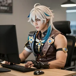 a 30 year old muscular man wearing a genshin cosplay, sitting at a computer, hyper realistic photorealistic