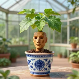 medium shot, mandrake in a porcelaine pot!!!, wooden human head with mandrake!!! leaves!!! growing from it, in a pot, on a table, background greenhouse, intricate hyper detailed ultra sharp sharp focus, global illumination, radiant light, alexandre ferra, irakli nadar, octane render, unreal engine, 4 k, ultra hd,