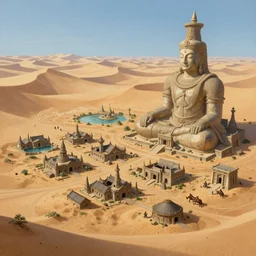 the elder scrolls vi hammerfell, mesa, dessert, settlements, shanty townships, oasis, outposts, temple ruins, huge deity statue, sand dunes, illustration, perfectly shaded, oft painting, art by krenz cushart and wenjun lin