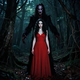joshua middleton, akihiko yoshida, full body, pretty alyson hannigan, evil dead demon, evil dead movie, red dress, symmetrical eyes, symmetrical face, long curly black hair, trees, forest, branches, cinematic lighting, evil dead creature, scary, blood