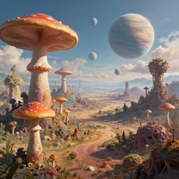a view of a surreal alien variated planetary fractal landscapes with gigantic fungus of varying sizes scattered across the vast landscapes, surreal clouds, floating islands, 4 k, retro, detailed, beautiful view, vibrant, planets in the skies, trending on artstation