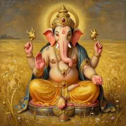 hindu god gashi in golden meadow, detailed painting by rene magritte